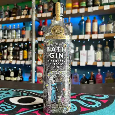 Bottle of Bath Gin featuring the winking Jane Austen logo