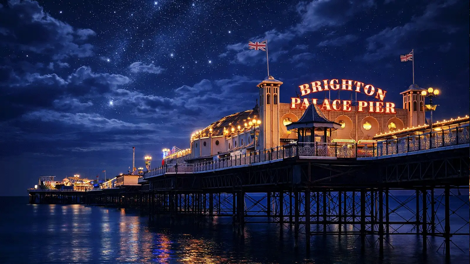 Brighton Travel Guide Banner showing the Palace Pier at Night