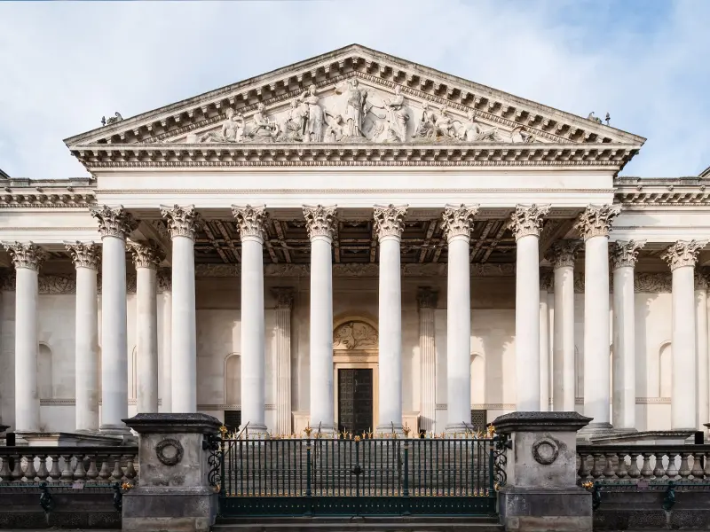 The grand pillared entrance to the Fitzwilliam Museum