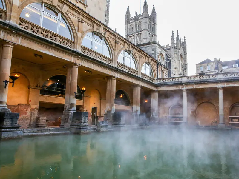 The steaming Great Bath at the Roman Baths
