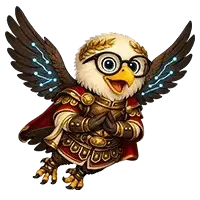 Trav, the Bath Travel mascot - a cute cartoon bird with big eyes wearing a gold laurel wreath and Roman centurion Armor with a red cape, flying with wings spread