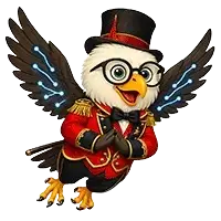 Trav, Blackpool Travel mascot owl in a red ringmaster outfit with top hat, glasses, and wings spread