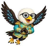 Trav, Brighton Travel mascot owl in a teal and gold uniform with round glasses, flying