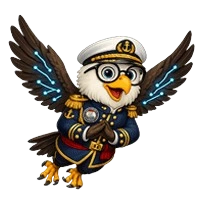 Trav, Brighton Travel mascot owl in a teal and gold uniform with round glasses, flying
