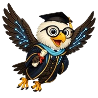 Trav, Cambridge Travel mascot owl in academic gown with mortarboard cap and blue sash, wearing round glasses, flying