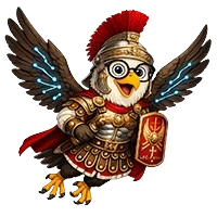 Trav, Chester Travel mascot owl dressed as a Roman centurion with red plume helmet, armour and shield, flying