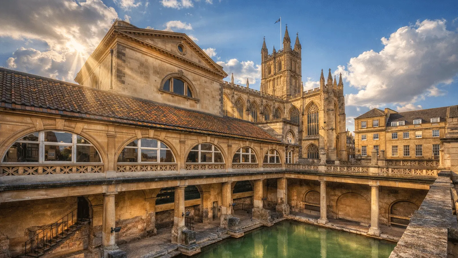 The Roman Baths with Bath Abbey in the background, Bath, England