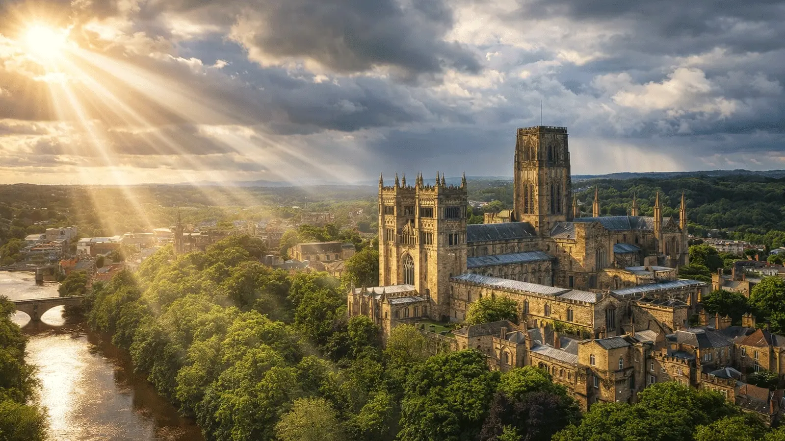 Sun rays over Durham Cathedral and the River Wear, with a panoramic view of Durham city