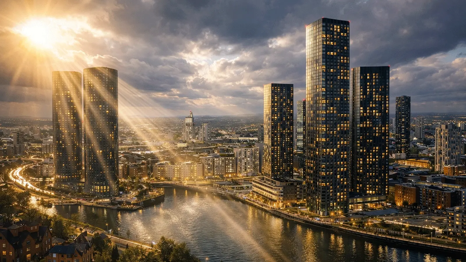 Sunset over Manchester city centre with modern skyscrapers and the River Irwell