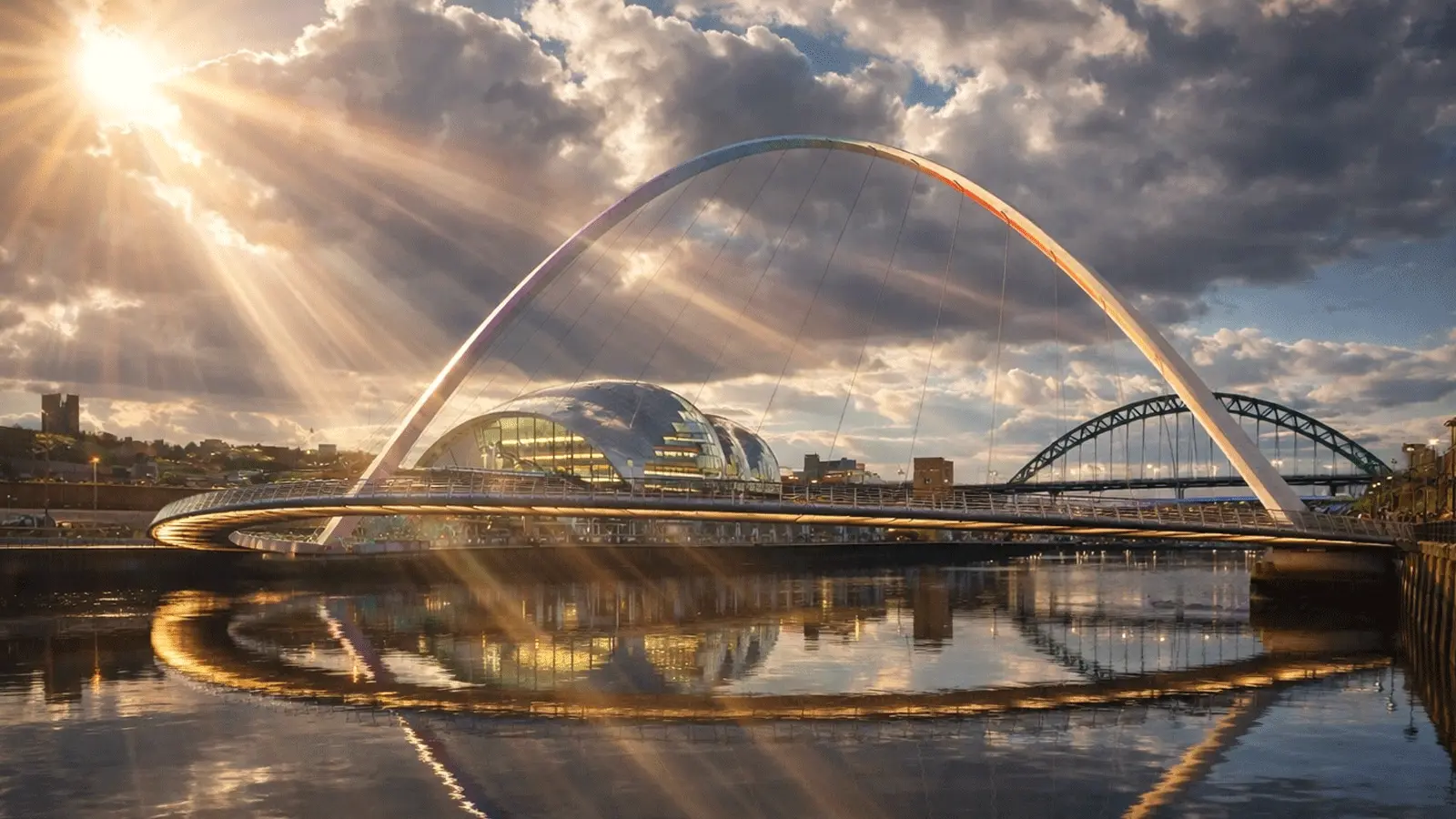 Sun rays over the Gateshead Millennium Bridge and the River Tyne in Newcastle, with the Sage Gateshead and Tyne Bridge in the background