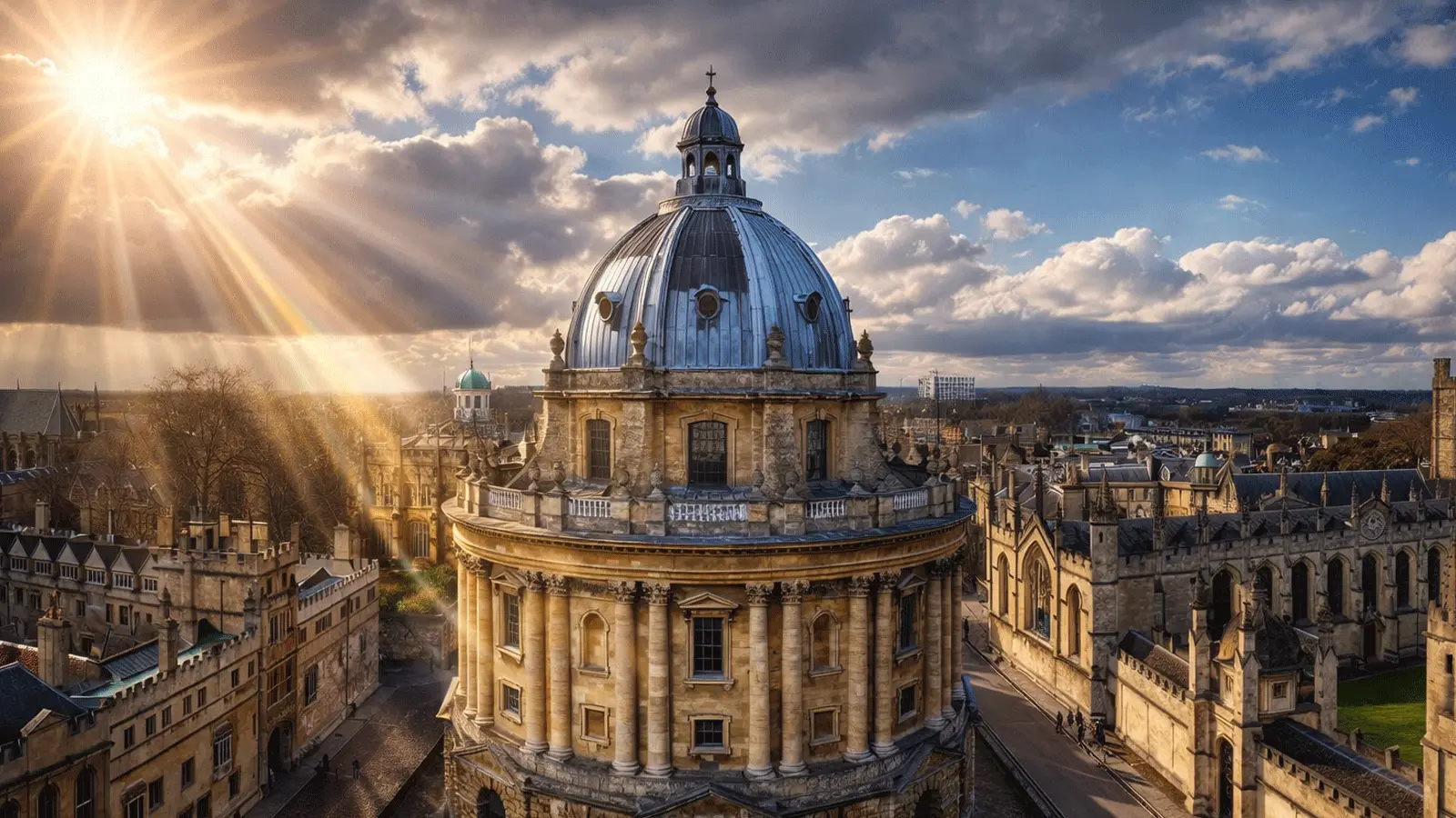 Sun rays over Oxford’s Radcliffe Camera and surrounding university buildings