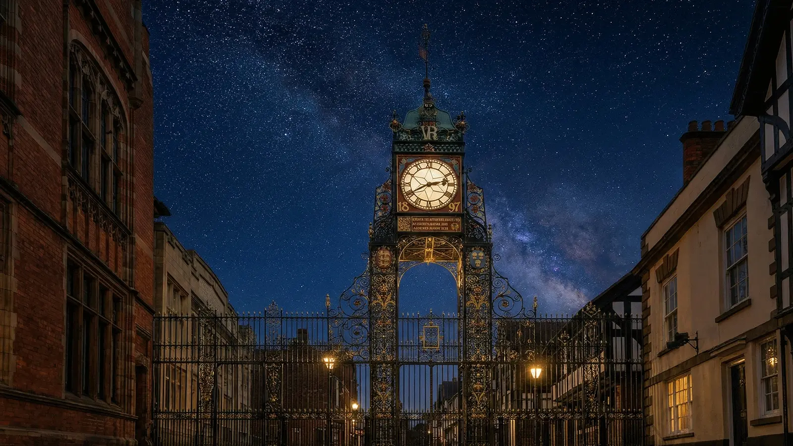 Chester Eastgate Clock visitor guide banner featuring the famous clock above the city walls