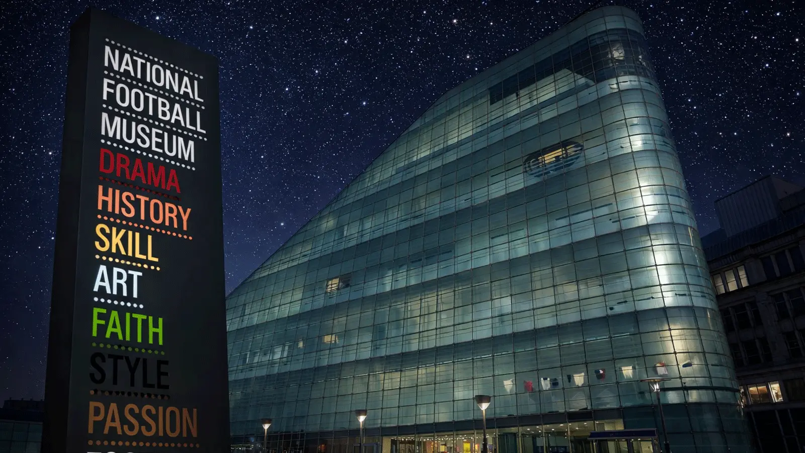 Manchester National Football Museum visitor guide banner featuring the Urbis building at Cathedral Gardens