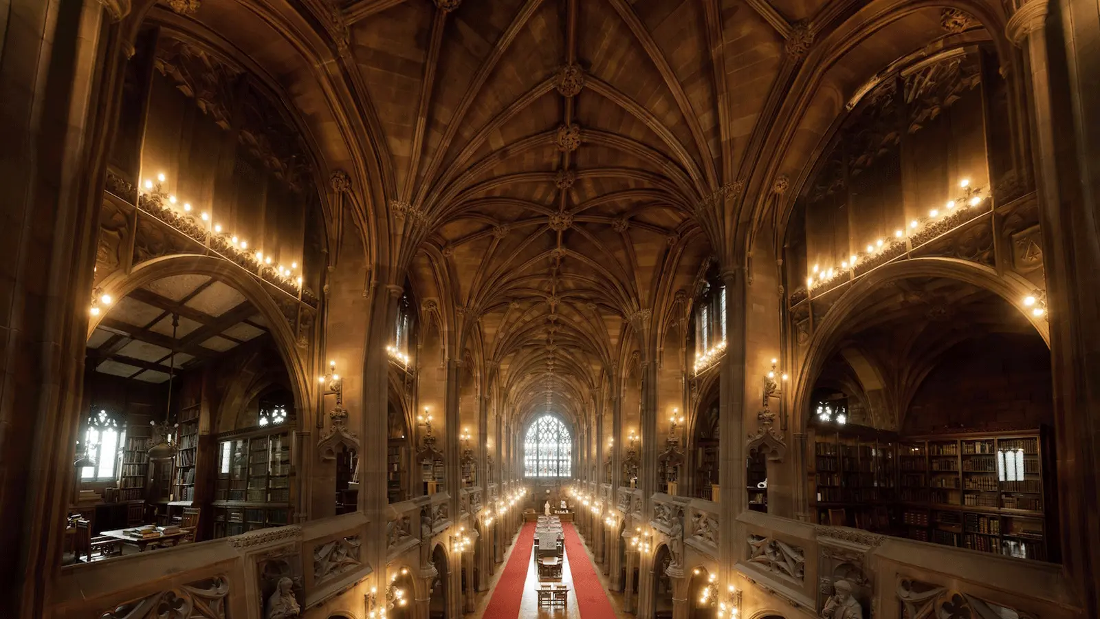 John Rylands Library visitor guide banner showing the neo-Gothic interior in Manchester