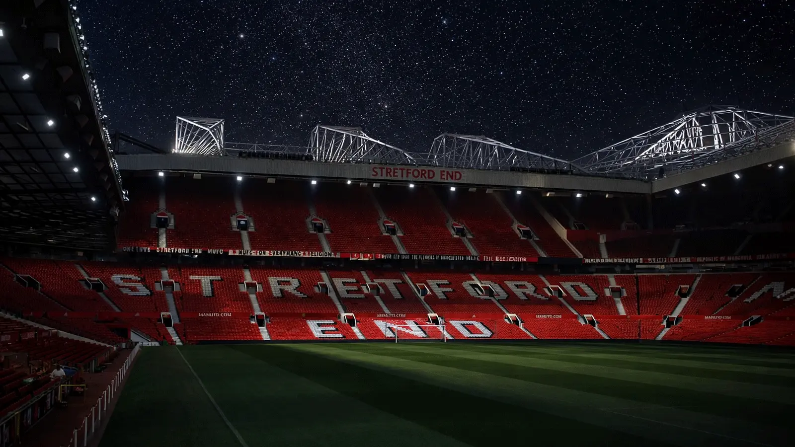 Old Trafford in Manchester visitor guide banner featuring the stadium exterior