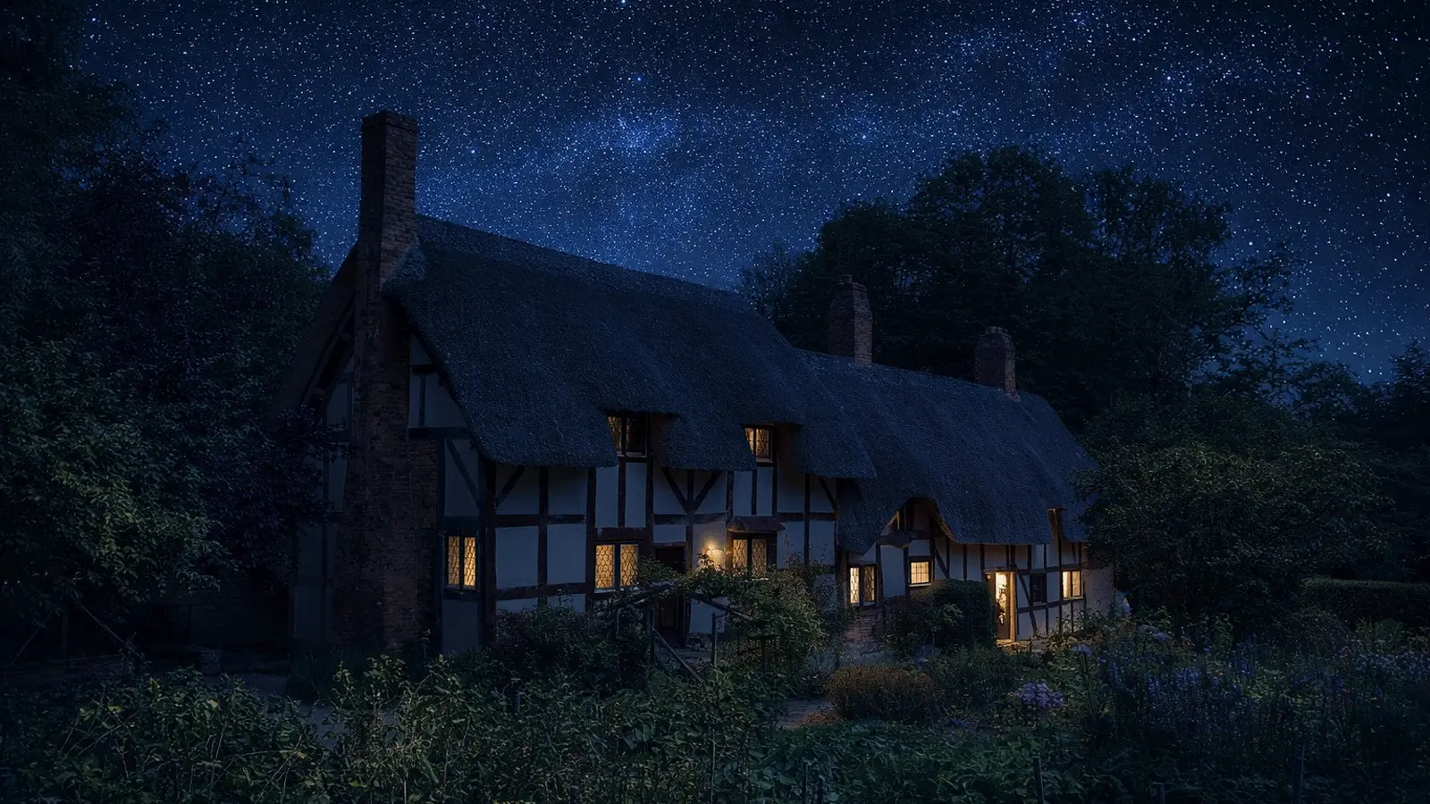 Anne Hathaway’s Cottage visitor guide banner featuring the thatched Tudor farmhouse in Shottery