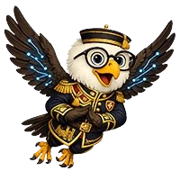 Trav, Durham Travel mascot bird in a black and gold ceremonial uniform with peaked cap, flying