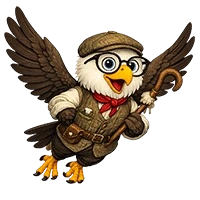 Trav, Lake District Travel mascot bird in a tweed flat cap and old-school outfit, holding a walking stick, flying