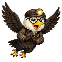 Trav, Newcastle Travel mascot bird dressed as a miner with a headlamp helmet, flying