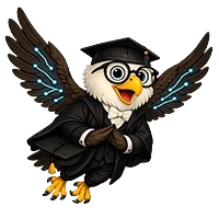Trav, the Oxford travel mascot, a cartoon eagle wearing glasses and traditional academic dress, with glowing blue circuit board patterns on his wings.