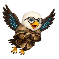 Trav, York Travel mascot bird dressed as a Viking warrior in a brown fur-trimmed outfit, flying